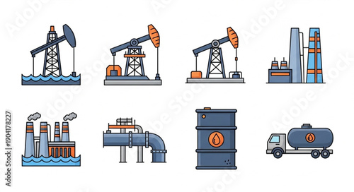 Oil industry equipment collection with pump jacks and refinery.