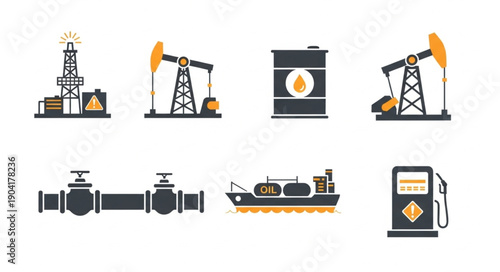 Oil industry equipment and transportation icons set.