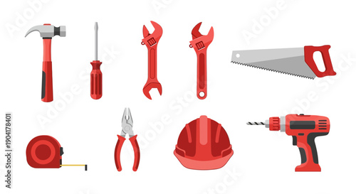 Cartoon construction tools are arranged on a white background