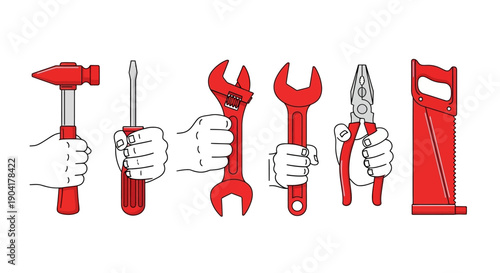 Hands holding red tools hammer screwdriver adjustable wrench wrench pliers and saw