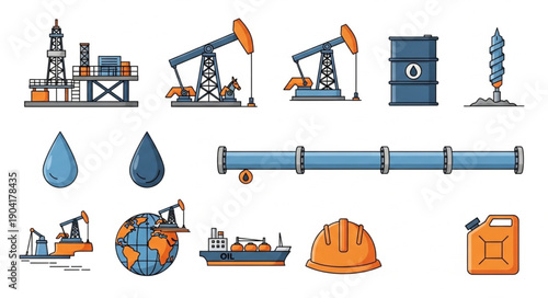 Oil industry equipment and resources collection flat design.