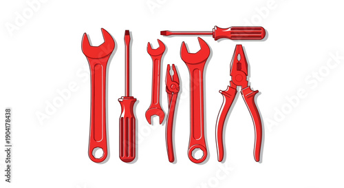 Array of red tools wrenches screwdrivers pliers all outlined in black casting subtle shadows on a white background