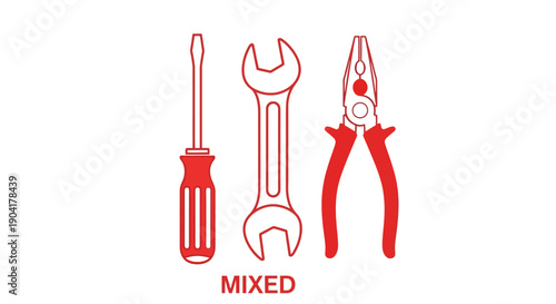 Red tool icons screwdriver wrench pliers marked MIXED stand out on a white background