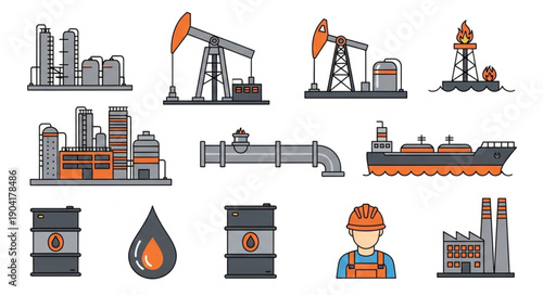 Oil industry equipment and facilities collection vector illustration.