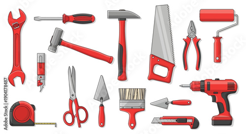 Redhandled tools including a wrench hammer drill and paint roller are arranged on a white background