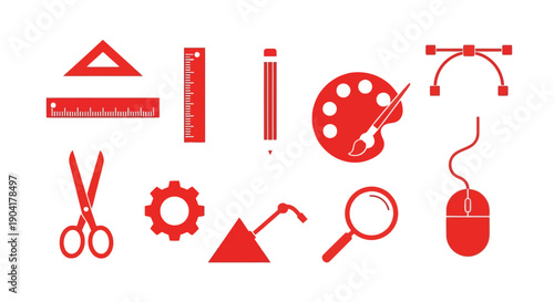Red vector graphics feature design tools rulers scissors palette gear mouse pencil magnifying glass Tsquare