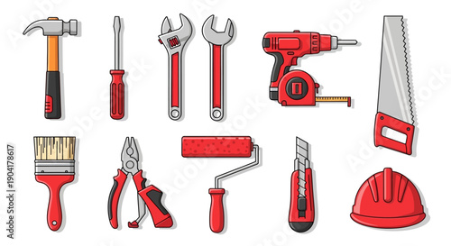 Hand tools assortment hammer screwdrivers wrenches drill saw brush pliers roller cutter safety helmet on white