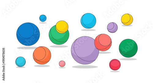 Cartoonstyle balls of many colors with outlined shadows floating on a white background