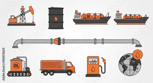 Oil industry and transportation icons set flat design.
