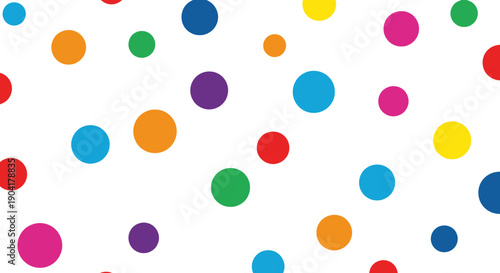 Assorted color polka dots are scattered across a white background