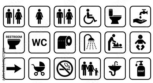 Toilet & restroom icon collection. Includes male, female, disability and baby changing room symbols. Isolated black and white vector pictogram, ideal for signs in public places.