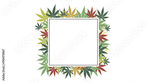 Decorative square frame composed of colorful marijuana and cannabis leaves in various shades of green, yellow, and red.