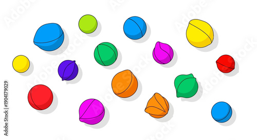 Vividly colored assorted balls and nutlike shapes cast soft uniform shadows on a blank white background