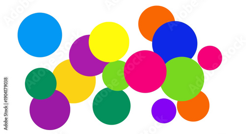Sixteen overlapping circles of various bright colors against a white background