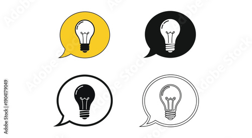 Collection of four distinct light bulb icons inside speech bubbles representing creative ideas