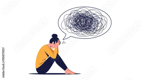 Depressed woman sitting on the floor in despair with a large tangled scribble in a thought bubble representing mental health issues.