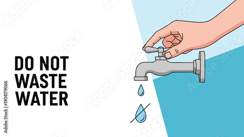Close up of a person hand turning off a metal water faucet to prevent waste under a do not waste water message.