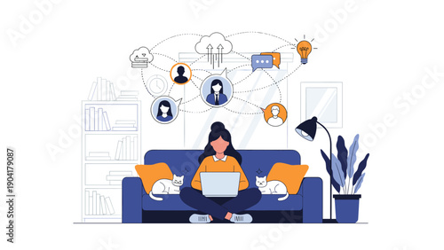 Young woman working from home on a laptop while sitting on a sofa with two pet cats and digital communication social media icons.