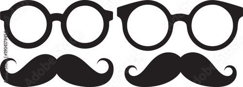 Set of black silhouettes featuring two styles of eyeglasses and two mustaches, perfect for photo booth props, costume parties, or fun designs.