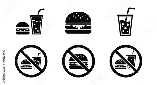 Set of black and white icons illustrating acceptable and prohibited consumption of fast food items.