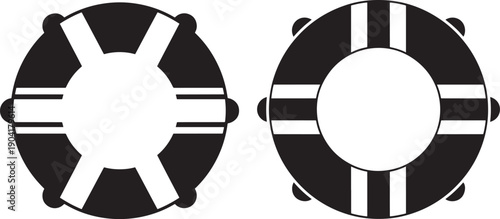 Two black lifebuoy ring icons, representing safety, rescue, water, and maritime themes. Vector graphic isolated on a white background.