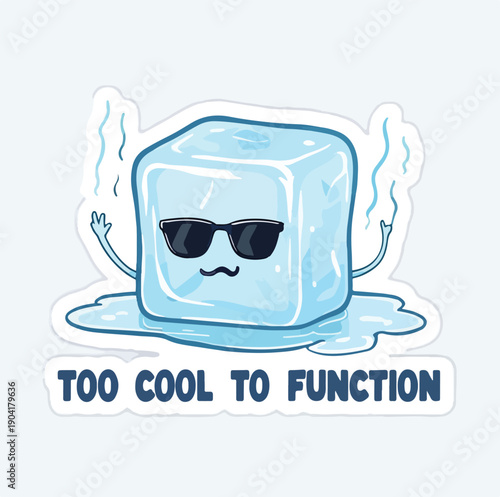Funny melting ice cube character wearing dark sunglasses and expressing a very cool attitude toward its inevitable state of liquid transition