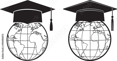 Graduation caps on globes, symbolizing global education, international studies, and academic achievement worldwide. Vector illustration.