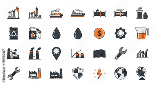 Oil and Gas Industry Icons Set Vector Illustration.