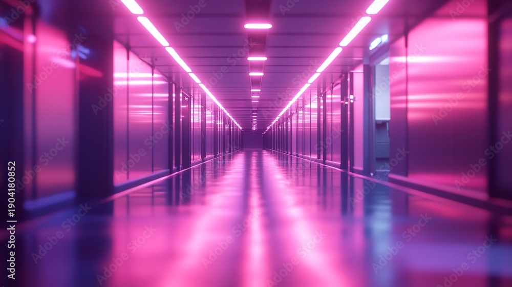 Fototapeta premium Futuristic glowing neon hallway with glass walls and reflective floor in pink red and blue showcasing advanced sci fi architecture and innovative digital design