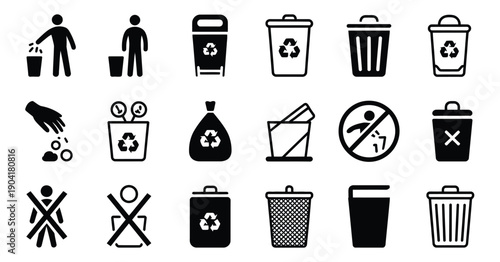Trash Icons, vector isolated dustbin pictogram collection showing waste bins, recycling symbols, and rubbish buckets for public sanitation, environmental protection, eco friendly disposal