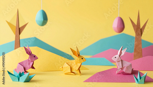 Surreal Origami Paper Easter Wonderland Landscape