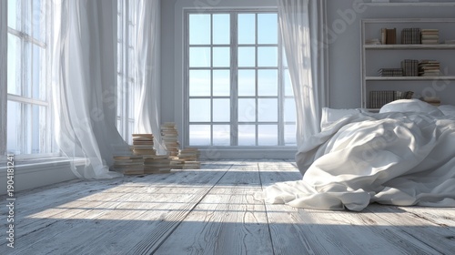 Bright and Airy Minimalist Room with Large Windows and Soft Drapes in a Serene Coastal Setting