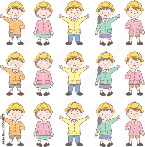 園服の子供たち　スモック　全身　バリエーション
