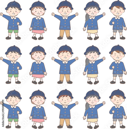 園服の子供たち　スモック　全身　バリエーション
