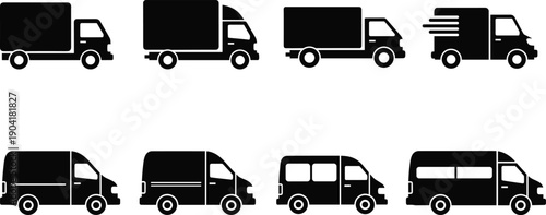 Delivery, truck, van, silhouettes, set, logistics, transport, courier, shipping, vehicle, icon, vector, black, minimal, transportation, fleet, cargo, service, collection, illustration