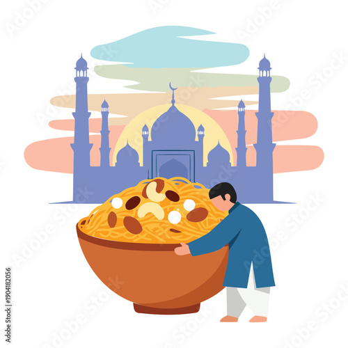 Person serving traditional biryani in front of an iconic monument at sunset