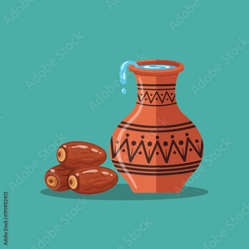 A terracotta pitcher overflowing with water next to a pile of dates on a teal background.