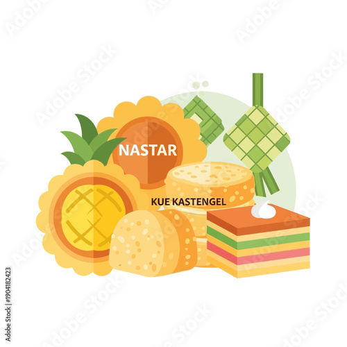 Illustration of traditional Indonesian Eid al-Fitr snacks including nastar, kue kastengel, layered cake, and ketupat.