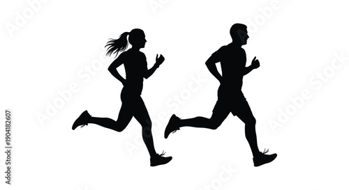 Silhouette of a man and a woman running together during outdoor fitness or marathon training exercise