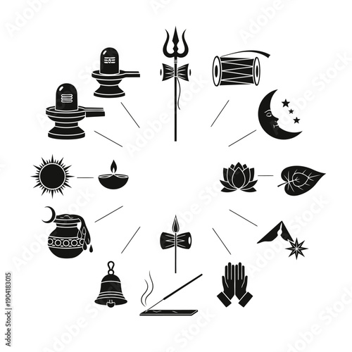 A circular arrangement of various Hindu religious symbols and items, including Shiva Lingams, a Trishul, a drum, a crescent moon, lotus flowers, prayer hands, incense, and a bell.
