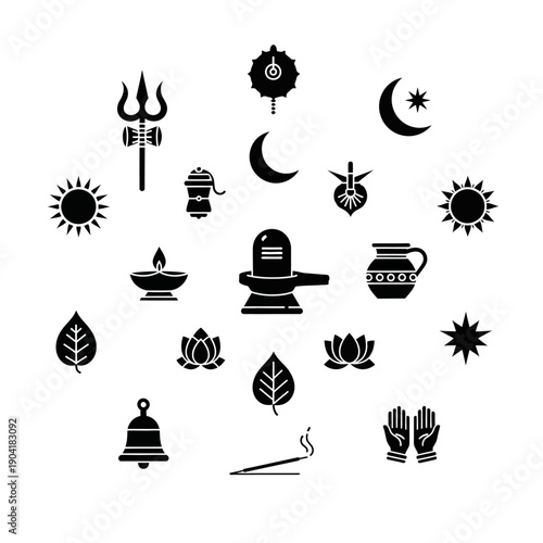 Collection of Hindu religious symbols and icons including a trident, sun, moon, lotus, bell, and incense stick.