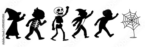 Halloween monsters silhouettes set. Witch, zombie, Dracula vampire and werewolf. Skeleton, mummy, ghost and Frankenstein monster. Cartoon characters flat vector illustrations.