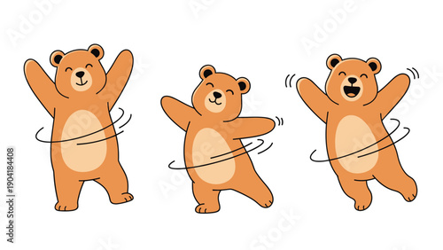 Adorable set of three brown bear characters playfully dancing and hula hooping with happy faces on a clean white background.
