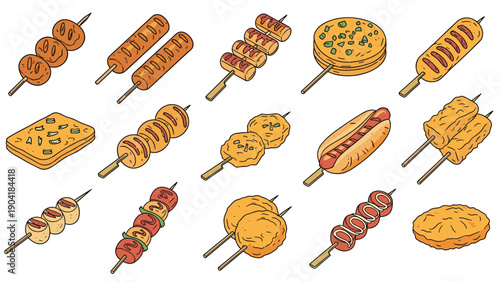 Large collection of diverse street food skewers including sausages, meatballs, and grilled treats in a colorful cartoon art style.