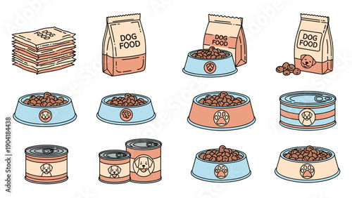 Collection of dog food packaging types and feeding bowls filled with kibble, including cans and bags for pet care illustrations.