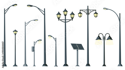 Large set of various outdoor street lamp designs including traditional lanterns, modern fixtures, and solar-powered lighting units.