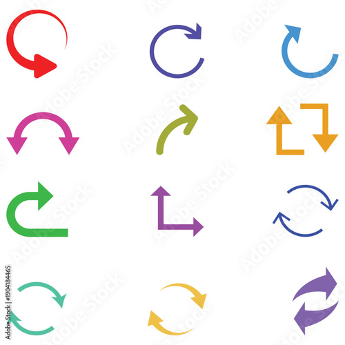 Vector collection of colored arrows. Colorful arrow symbols. Set of flat vector arrows.  Arrows set vector illustration. Colorful arrow symbols.