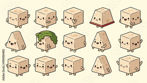 Adorable set of cartoon tofu cube characters with various cute facial expressions and little limbs on a soft beige background.