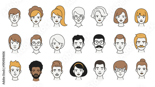 Large set of diverse human face avatars with various hairstyles, facial hair, and accessories, perfect for social media profiles.