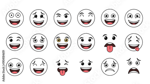 Set of simple round smiley face icons with a variety of emotions ranging from joy and laughter to sadness and total surprise.